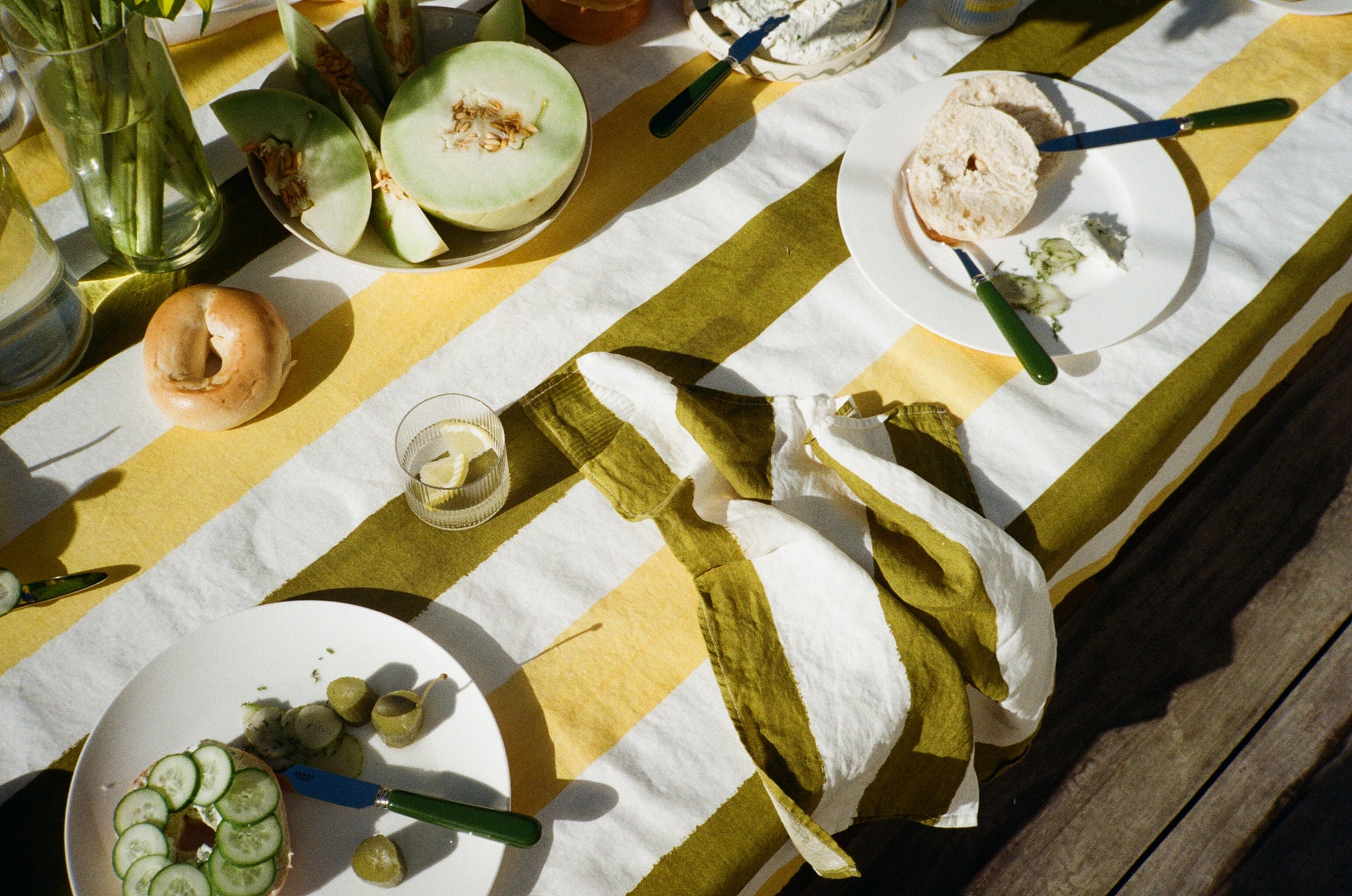 Stripe Linen Tablecloth - Green & Yellow
